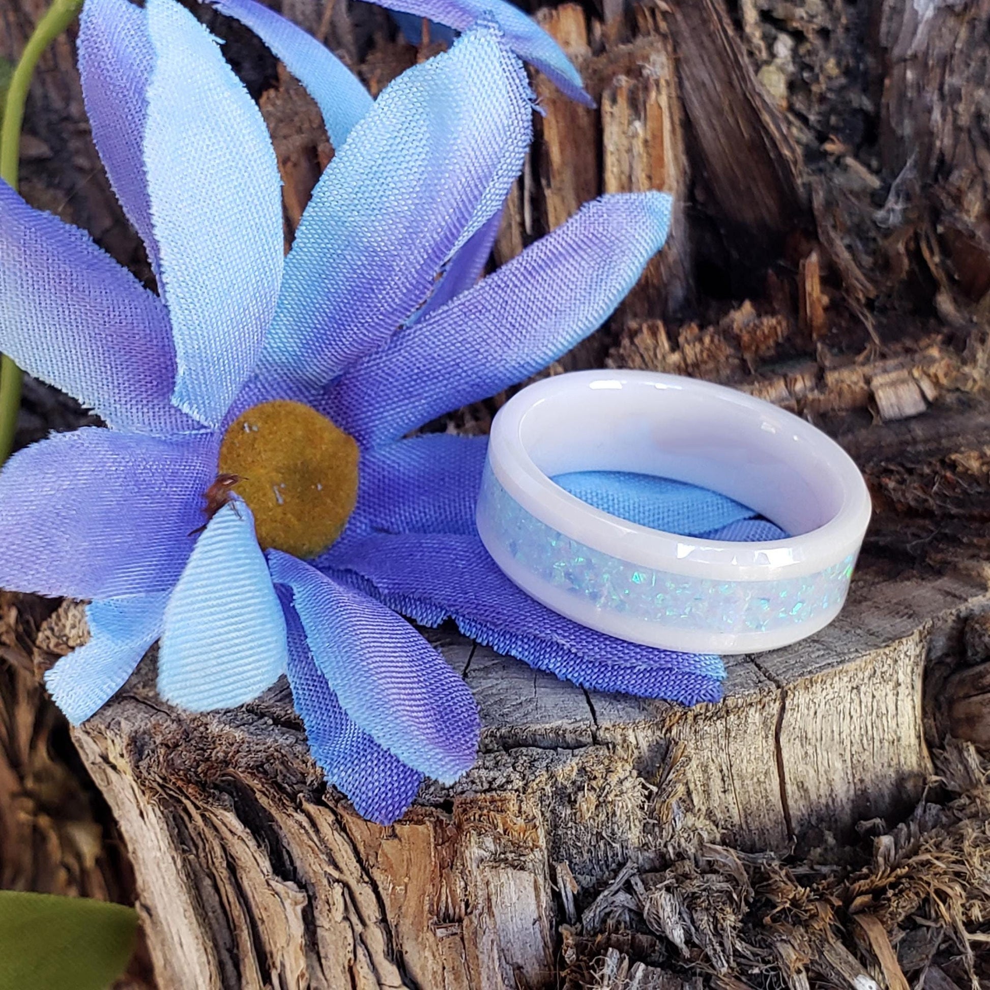 Cerulean Ring - Sky Blue Opal Crystal Inlay, Tungsten Titanium Ceramic, Men Women, Wedding Ring, His Hers Promise, Engagement Ring 8mm 6mm