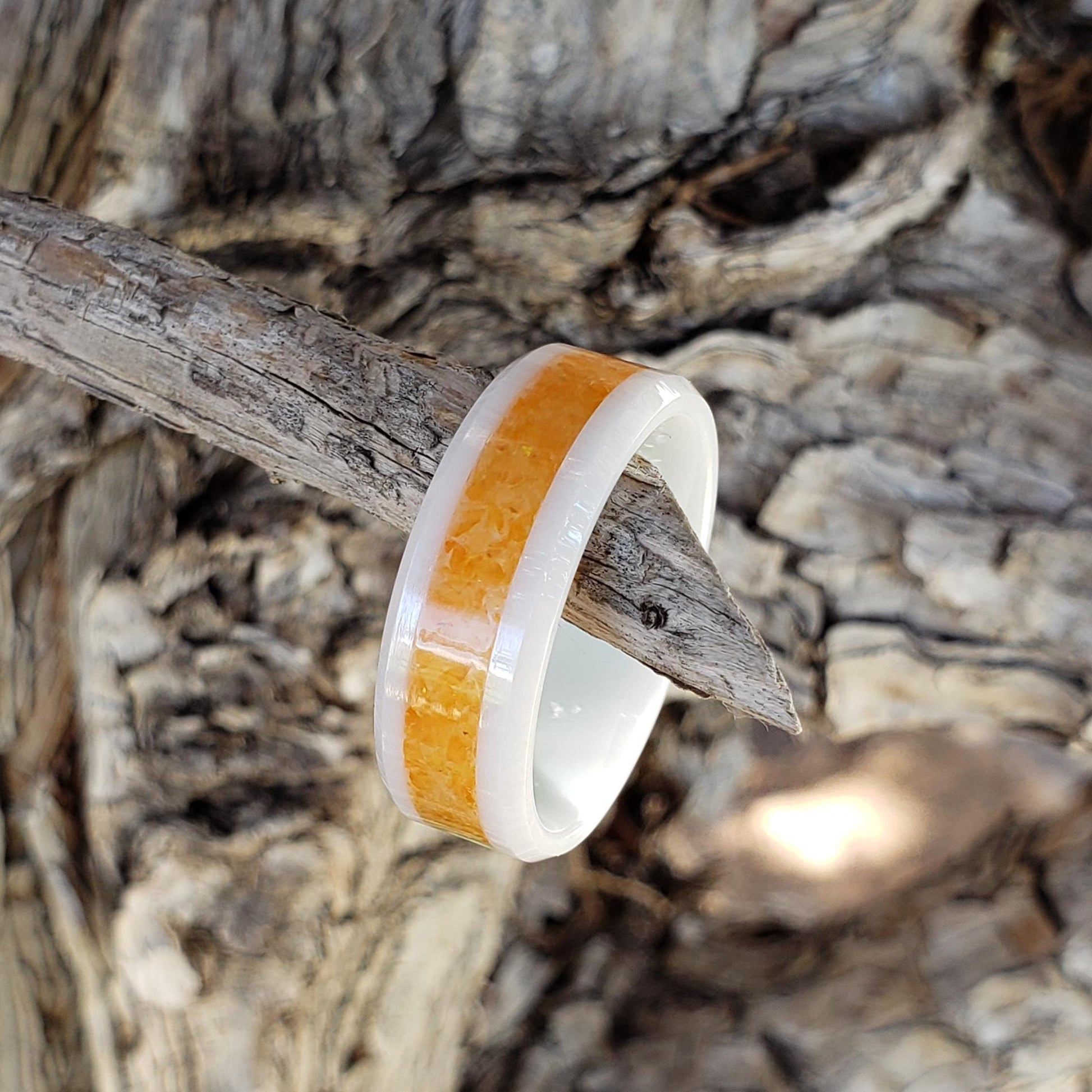 Sunfire Ring - Orange Opal Crystal Inlay, Tungsten Titanium Ceramic, Men Women, Wedding Ring, His Hers Promise, Engagement Ring 8mm 6mm
