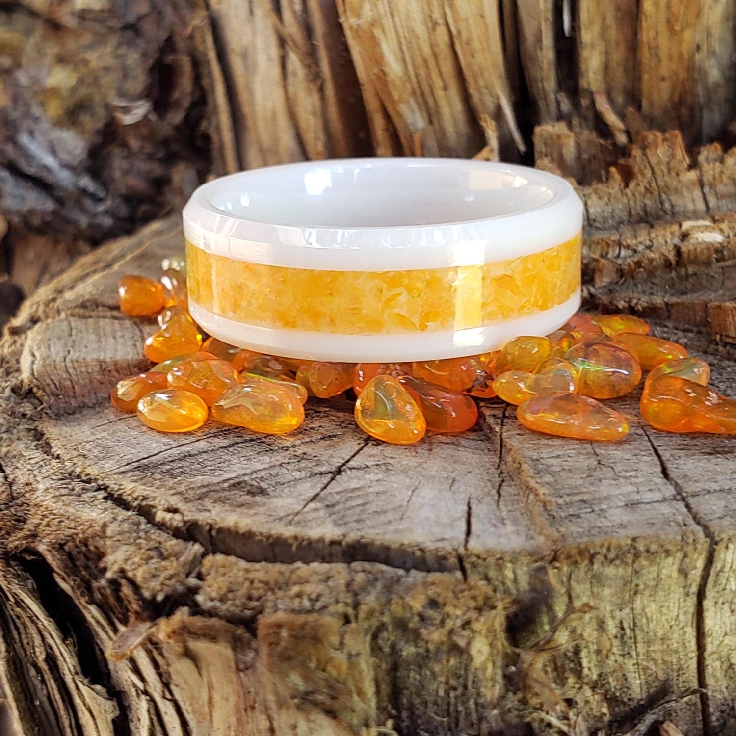 Sunfire Ring - Orange Opal Crystal Inlay, Tungsten Titanium Ceramic, Men Women, Wedding Ring, His Hers Promise, Engagement Ring 8mm 6mm