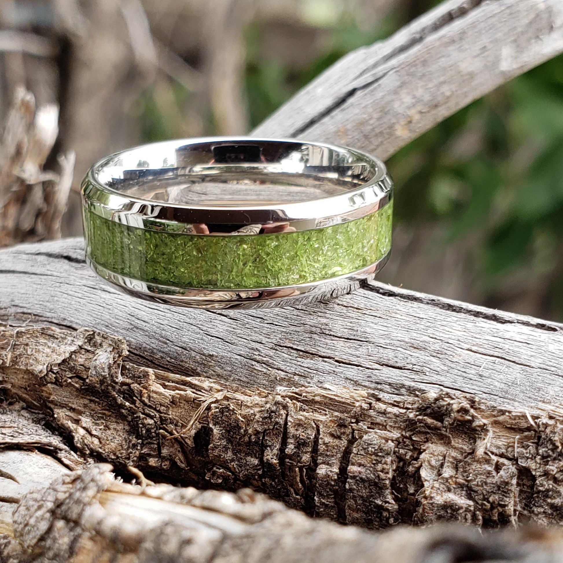 Sun Gem Ring - Peridot Crystal Inlay, Tungsten Titanium Ceramic, Men Women, Wedding Ring, His Hers Promise, Engagement Ring 8mm 6mm