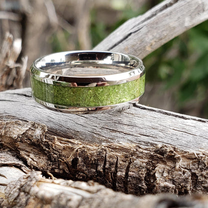 Sun Gem Ring - Peridot Crystal Inlay, Tungsten Titanium Ceramic, Men Women, Wedding Ring, His Hers Promise, Engagement Ring 8mm 6mm