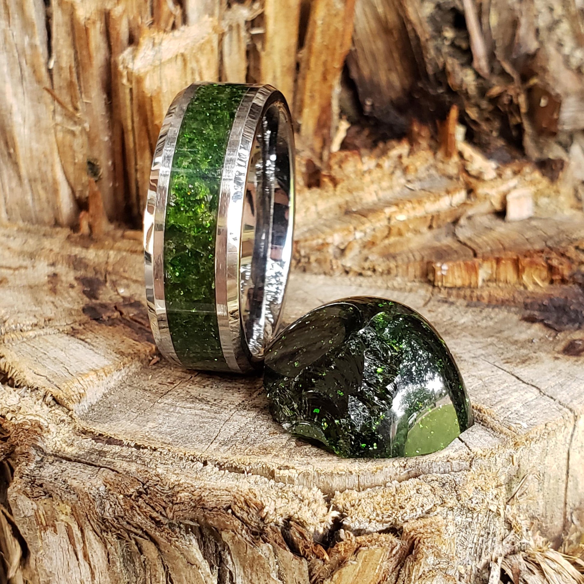 Spellfire Ring - Green Goldstone Crystal Inlay, Tungsten Titanium Ceramic, Men Women, Wedding, His Hers Promise, Engagement Ring 8mm 6mm