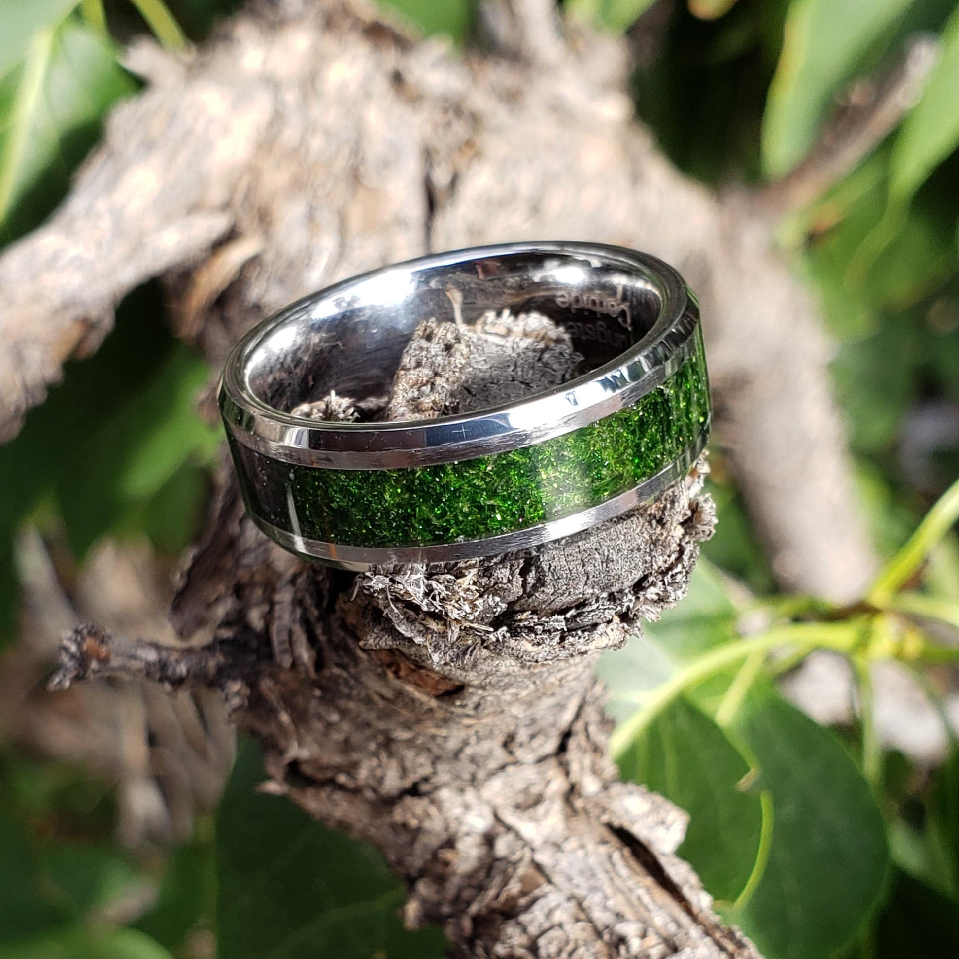 Spellfire Ring - Green Goldstone Crystal Inlay, Tungsten Titanium Ceramic, Men Women, Wedding, His Hers Promise, Engagement Ring 8mm 6mm