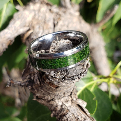 Spellfire Ring - Green Goldstone Crystal Inlay, Tungsten Titanium Ceramic, Men Women, Wedding, His Hers Promise, Engagement Ring 8mm 6mm