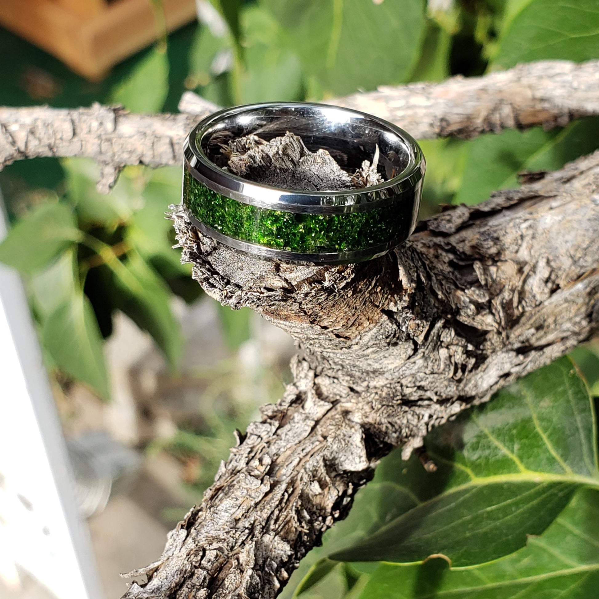 Spellfire Ring - Green Goldstone Crystal Inlay, Tungsten Titanium Ceramic, Men Women, Wedding, His Hers Promise, Engagement Ring 8mm 6mm