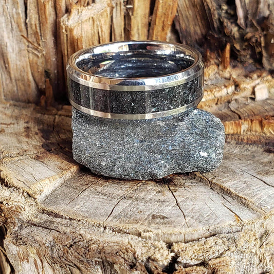 Spacedust Ring - Specularite Crystal Inlay, Tungsten Titanium Ceramic, Men Women, Wedding Ring, His Hers Promise, Engagement Ring, 8mm 6mm