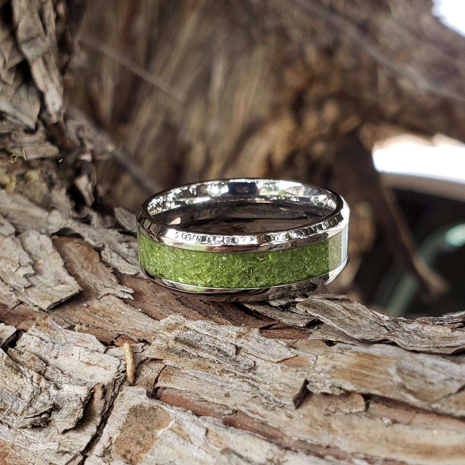 Sun Gem Ring - Peridot Crystal Inlay, Tungsten Titanium Ceramic, Men Women, Wedding Ring, His Hers Promise, Engagement Ring 8mm 6mm