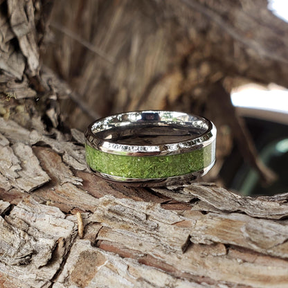 Sun Gem Ring - Peridot Crystal Inlay, Tungsten Titanium Ceramic, Men Women, Wedding Ring, His Hers Promise, Engagement Ring 8mm 6mm