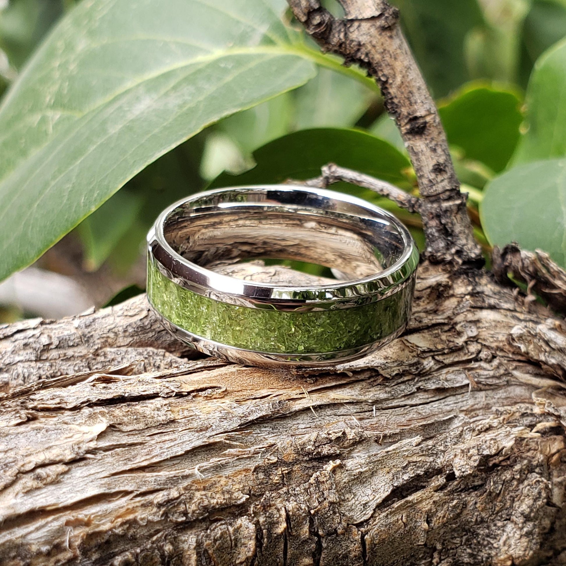 Sun Gem Ring - Peridot Crystal Inlay, Tungsten Titanium Ceramic, Men Women, Wedding Ring, His Hers Promise, Engagement Ring 8mm 6mm