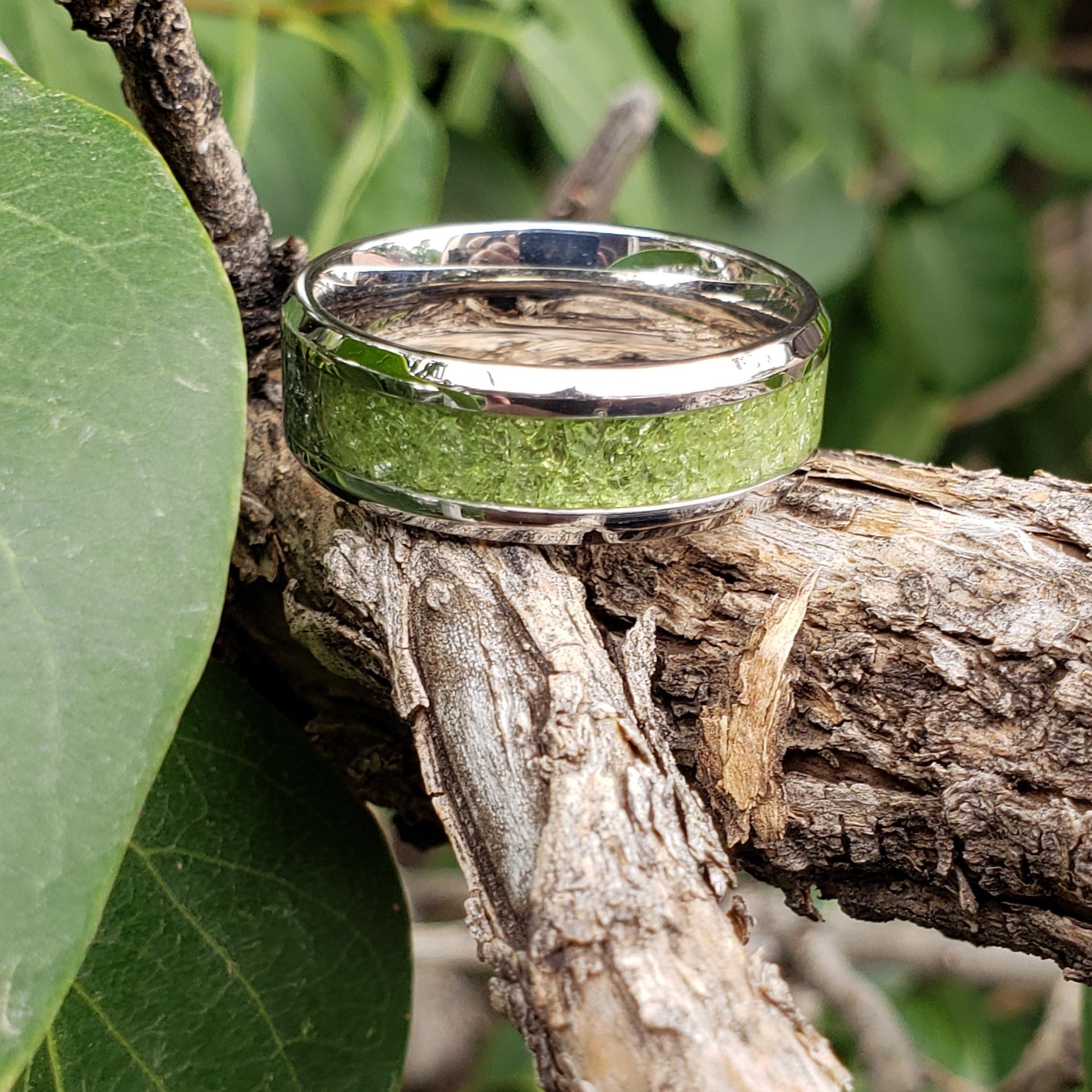 Sun Gem Ring - Peridot Crystal Inlay, Tungsten Titanium Ceramic, Men Women, Wedding Ring, His Hers Promise, Engagement Ring 8mm 6mm