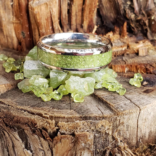Sun Gem Ring - Peridot Crystal Inlay, Tungsten Titanium Ceramic, Men Women, Wedding Ring, His Hers Promise, Engagement Ring 8mm 6mm