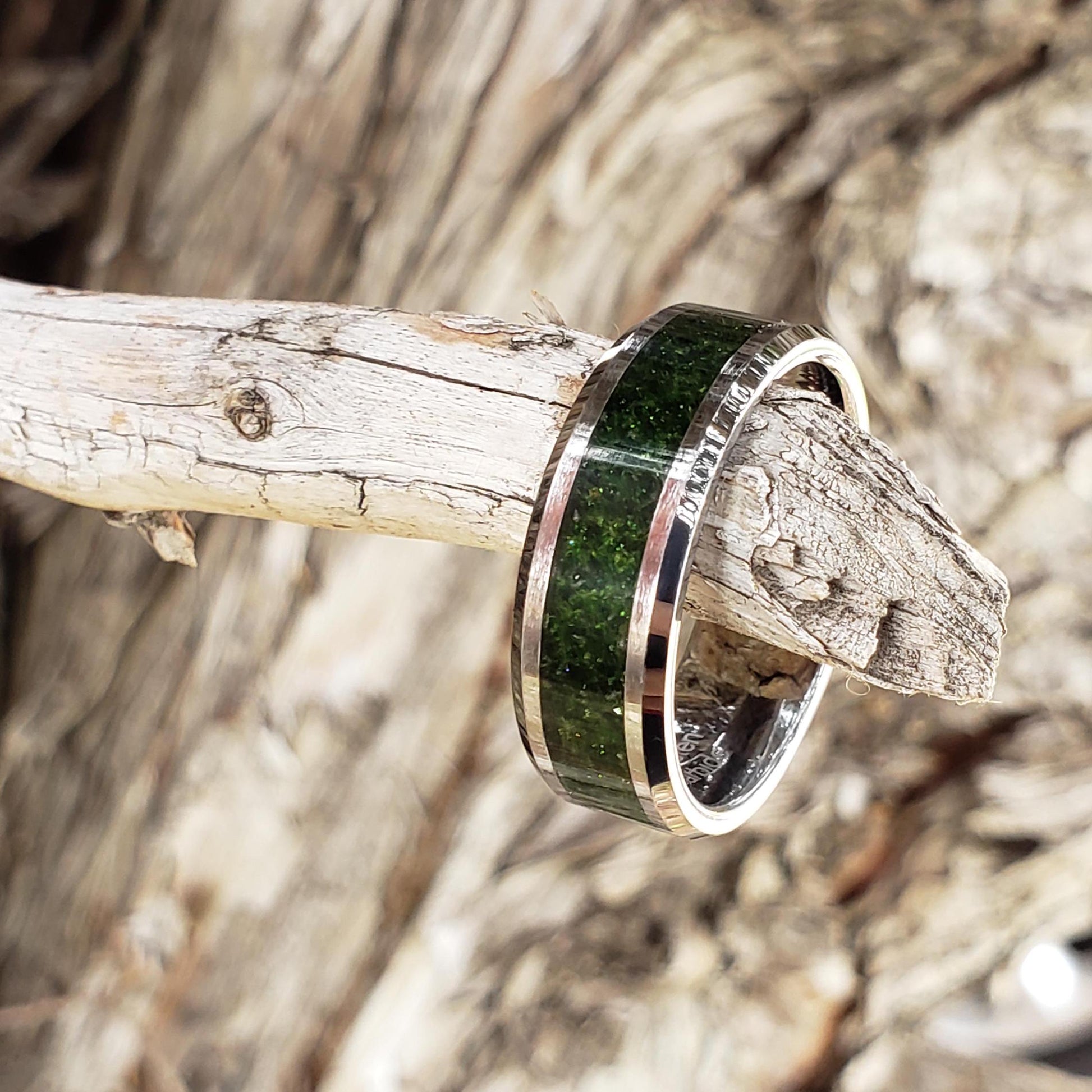 Spellfire Ring - Green Goldstone Crystal Inlay, Tungsten Titanium Ceramic, Men Women, Wedding, His Hers Promise, Engagement Ring 8mm 6mm