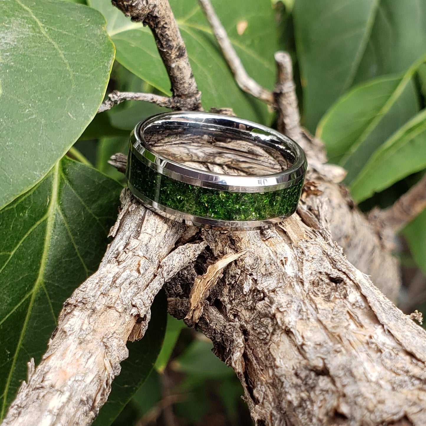 Spellfire Ring - Green Goldstone Crystal Inlay, Tungsten Titanium Ceramic, Men Women, Wedding, His Hers Promise, Engagement Ring 8mm 6mm