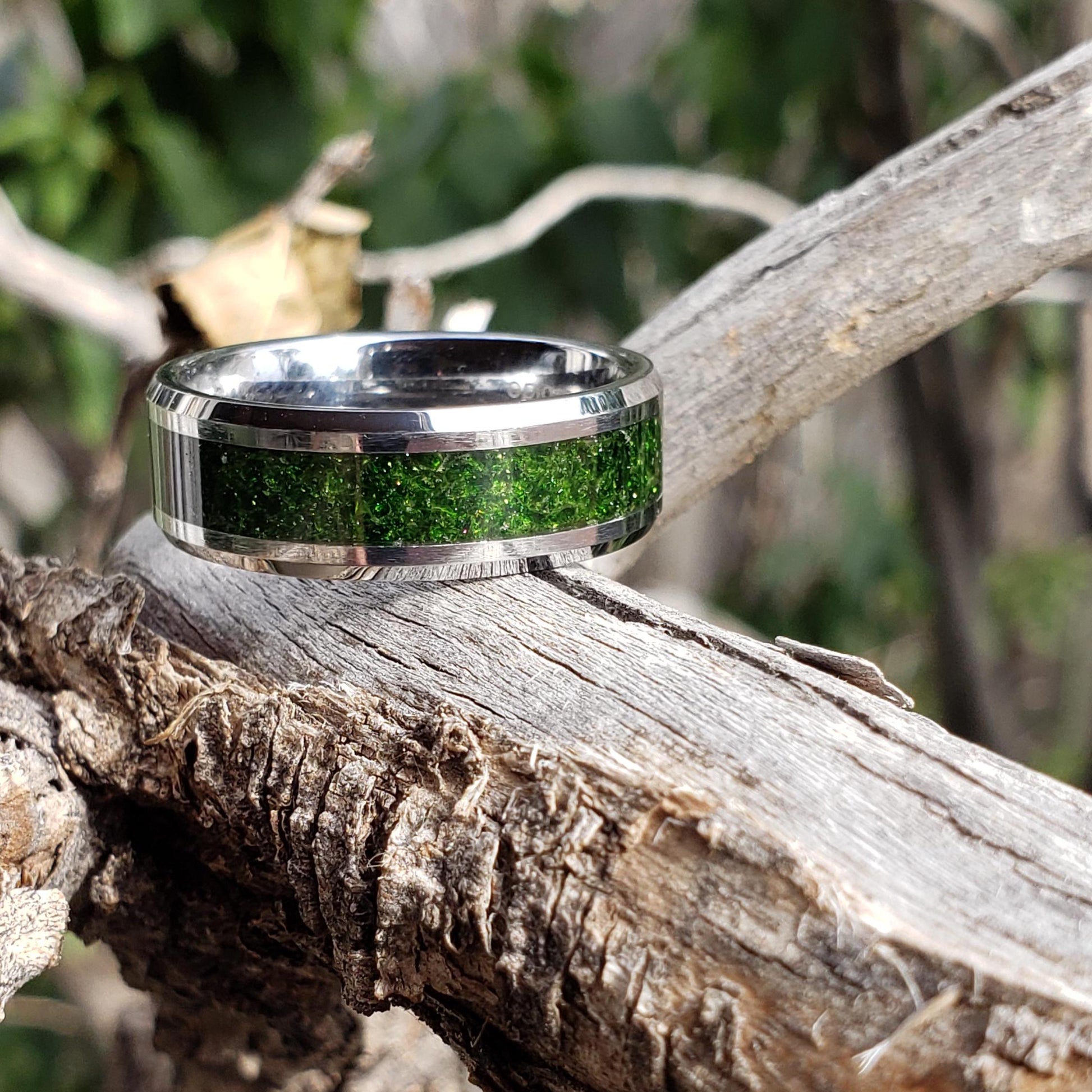 Spellfire Ring - Green Goldstone Crystal Inlay, Tungsten Titanium Ceramic, Men Women, Wedding, His Hers Promise, Engagement Ring 8mm 6mm