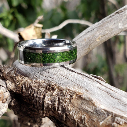 Spellfire Ring - Green Goldstone Crystal Inlay, Tungsten Titanium Ceramic, Men Women, Wedding, His Hers Promise, Engagement Ring 8mm 6mm