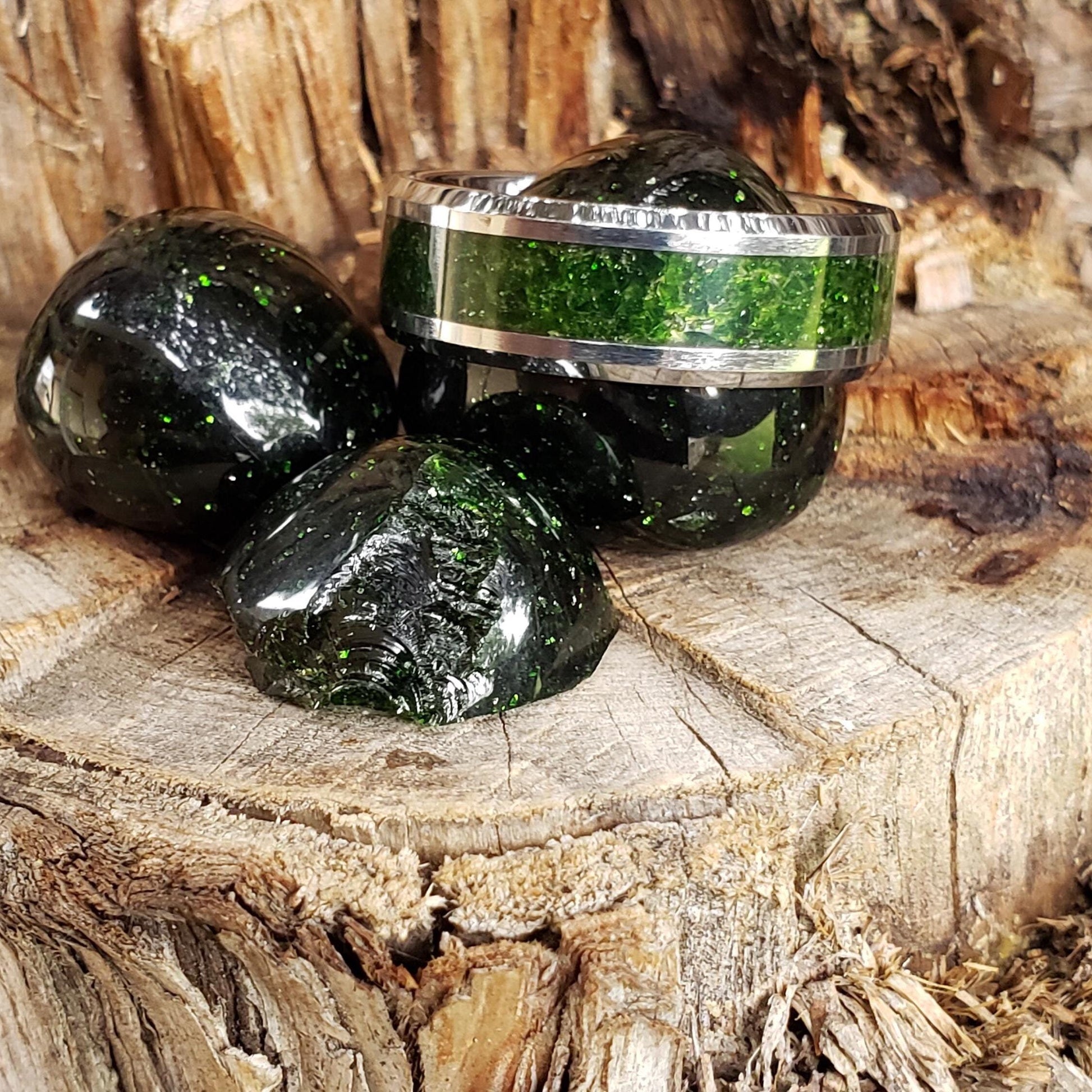 Spellfire Ring - Green Goldstone Crystal Inlay, Tungsten Titanium Ceramic, Men Women, Wedding, His Hers Promise, Engagement Ring 8mm 6mm
