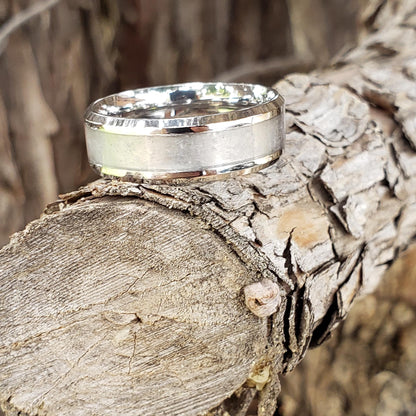 Heavenly Ring - Selenite Crystal Inlay, Tungsten Titanium Ceramic, Men Women, Wedding Ring, His Hers Promise Ring, Engagement Ring, 8mm 6mm