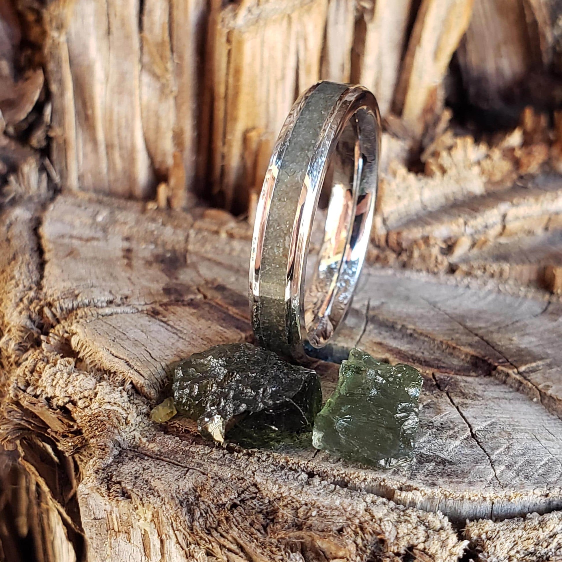 Moldavite Ring - Moldavite Stacking Crystal Inlay, Tungsten Titanium Ceramic, Men Women, Wedding, His Hers Promise, Engagement Ring 4mm