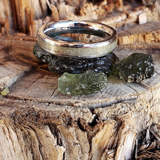 Moldavite Ring - Moldavite Stacking Crystal Inlay, Tungsten Titanium Ceramic, Men Women, Wedding, His Hers Promise, Engagement Ring 4mm