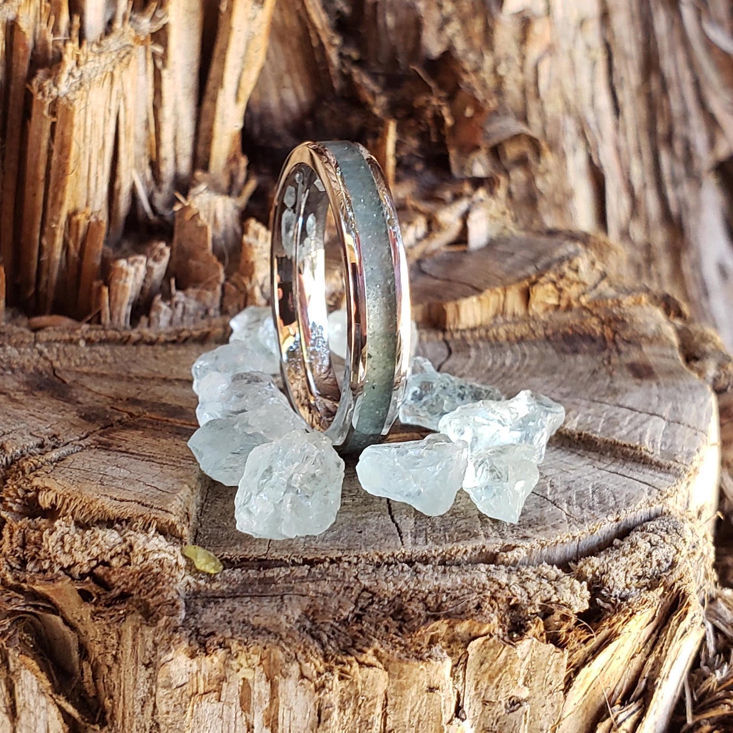 Open Sea Ring - Aquamarine Stacking Crystal Inlay, Tungsten Titanium Ceramic, Men Women, Wedding, His Hers Promise, Engagement Ring 4mm