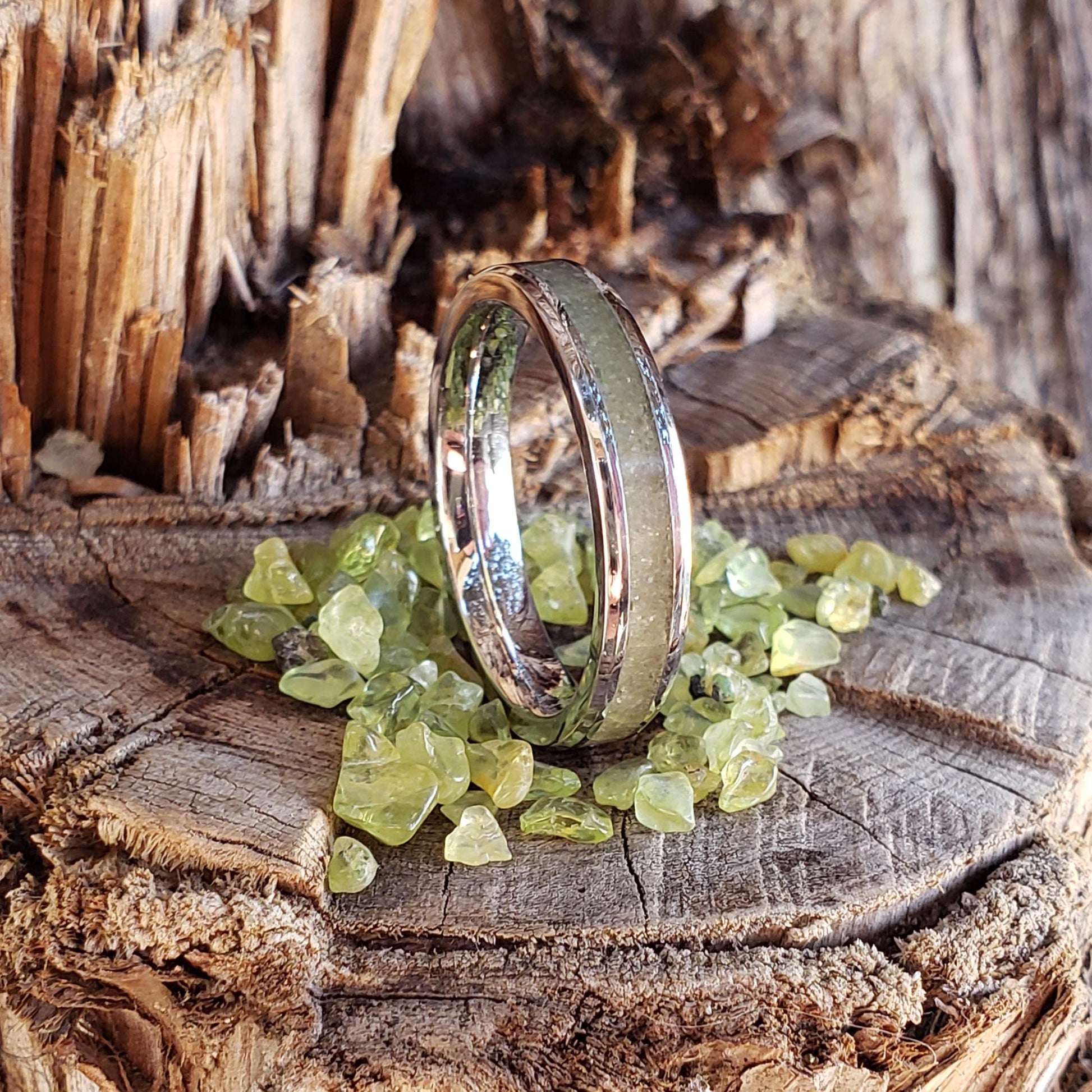 Sun Gem Ring - Peridot Stacking Crystal Inlay, Tungsten Titanium Ceramic, Men Women, Wedding, His Hers Promise, Engagement Ring 4mm