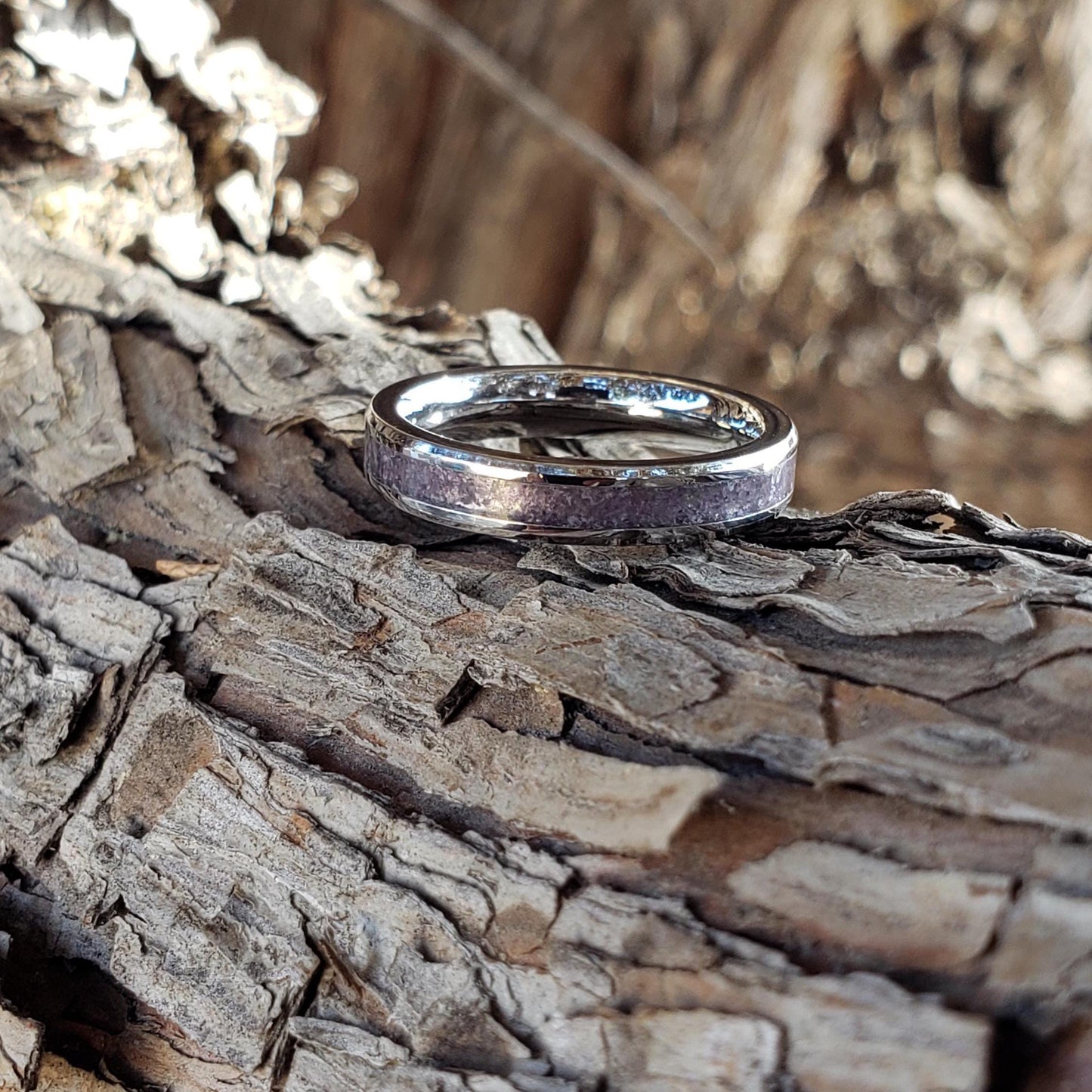 Serenity Ring - Amethyst Stacking Crystal Inlay, Tungsten Titanium Ceramic, Men Women, Wedding, His Hers Promise, Engagement Ring 4mm