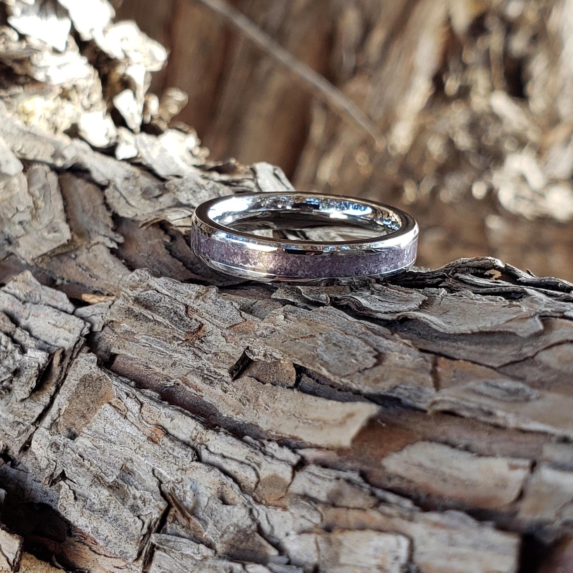 Serenity Ring - Amethyst Stacking Crystal Inlay, Tungsten Titanium Ceramic, Men Women, Wedding, His Hers Promise, Engagement Ring 4mm