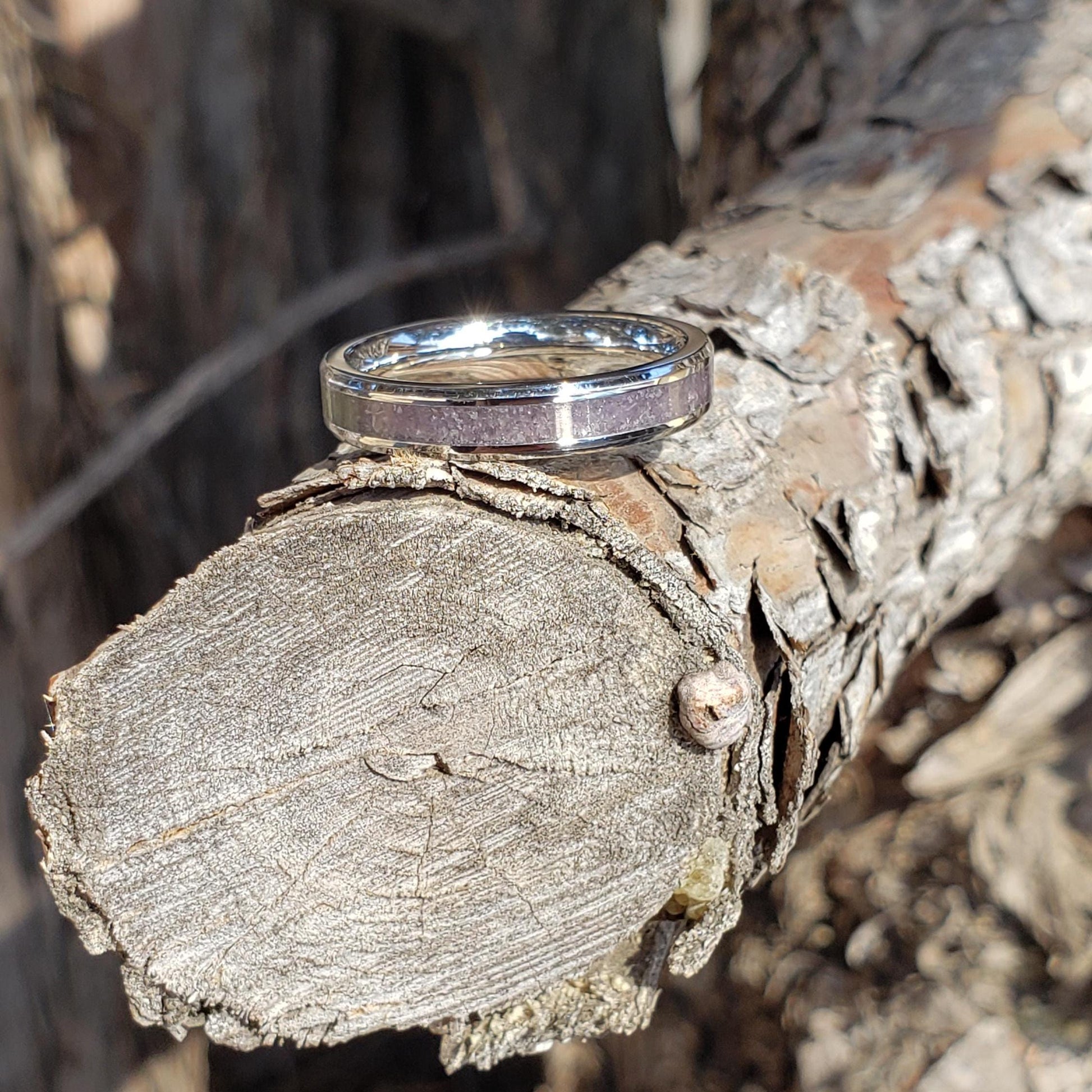 Serenity Ring - Amethyst Stacking Crystal Inlay, Tungsten Titanium Ceramic, Men Women, Wedding, His Hers Promise, Engagement Ring 4mm