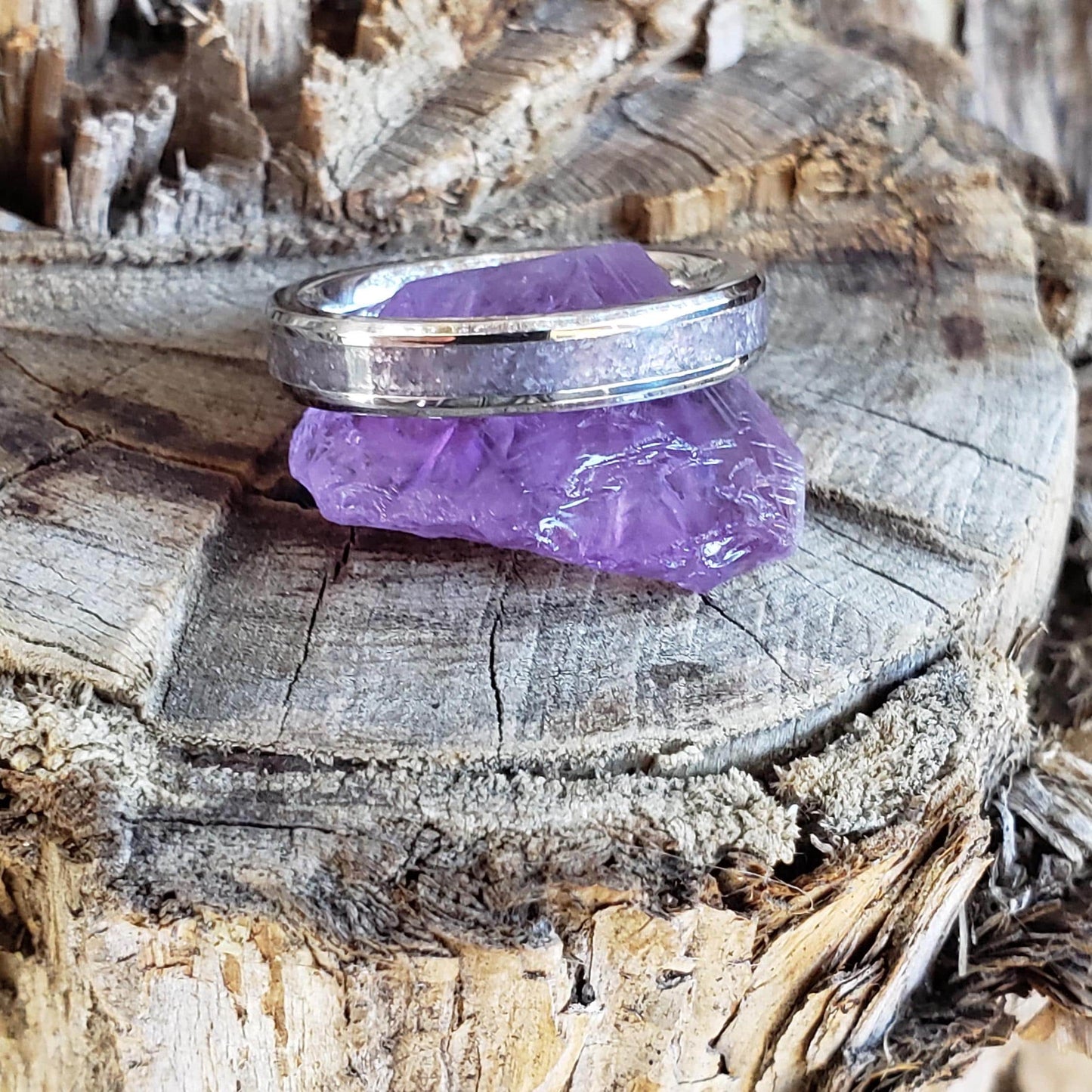 Serenity Ring - Amethyst Stacking Crystal Inlay, Tungsten Titanium Ceramic, Men Women, Wedding, His Hers Promise, Engagement Ring 4mm