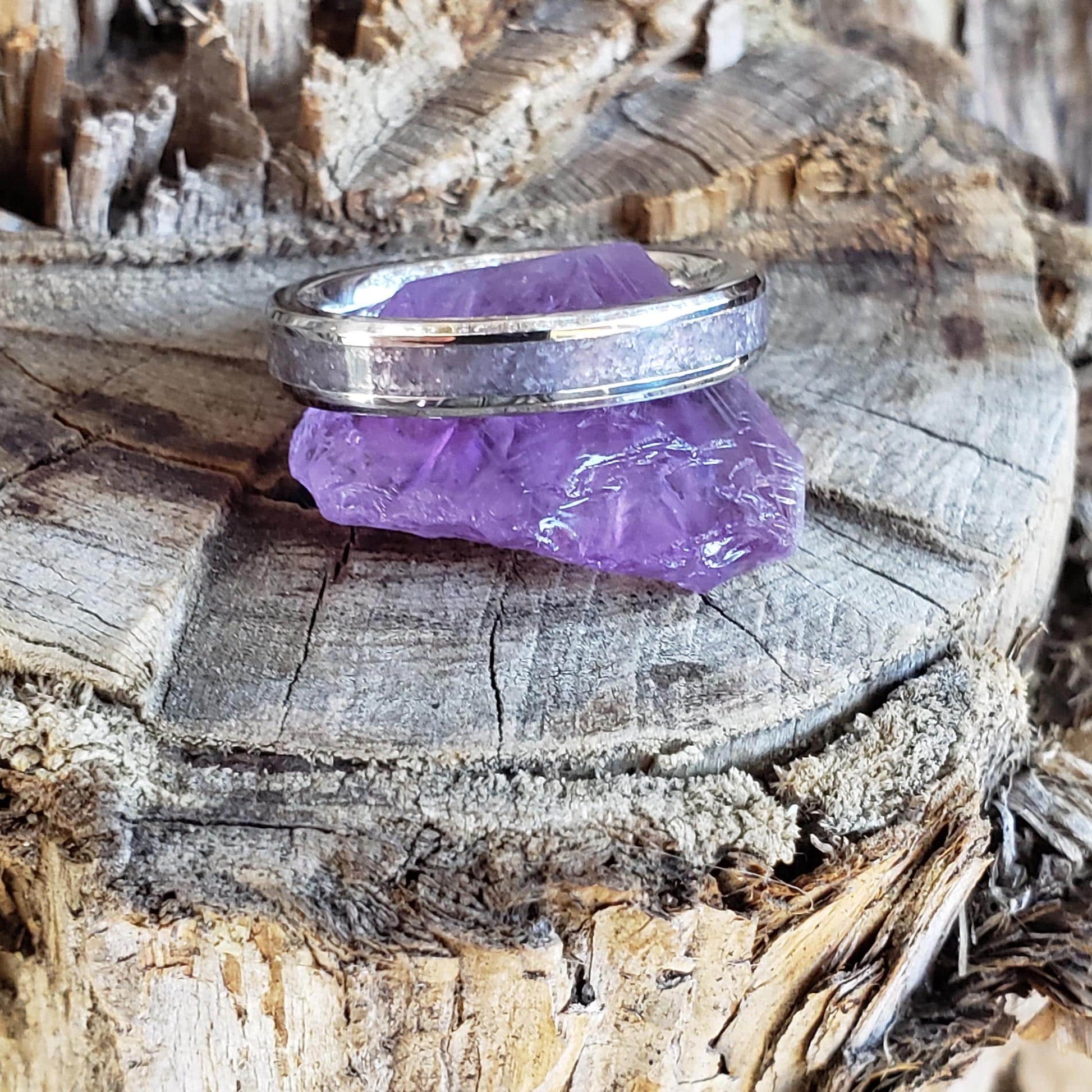 Serenity Ring - Amethyst Stacking Crystal Inlay, Tungsten Titanium Ceramic, Men Women, Wedding, His Hers Promise, Engagement Ring 4mm