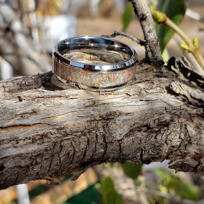 Helios Ring - Sunstone & Opal Crystal Inlay, Tungsten Titanium Ceramic, Men Women, Wedding Ring, His Hers Promise, Engagement Ring 8mm 6mm