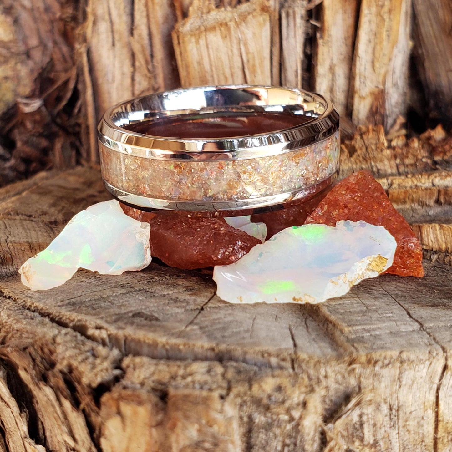 Helios Ring - Sunstone & Opal Crystal Inlay, Tungsten Titanium Ceramic, Men Women, Wedding Ring, His Hers Promise, Engagement Ring 8mm 6mm