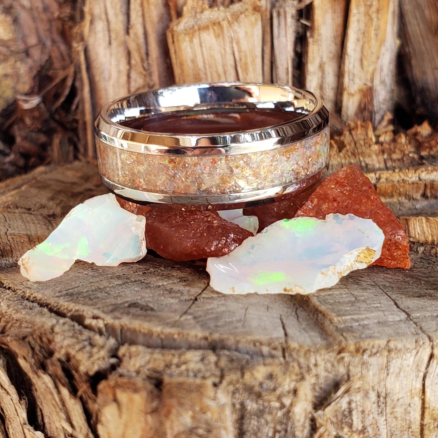 Helios Ring - Sunstone & Opal Crystal Inlay, Tungsten Titanium Ceramic, Men Women, Wedding Ring, His Hers Promise, Engagement Ring 8mm 6mm