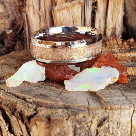 Helios Ring - Sunstone & Opal Crystal Inlay, Tungsten Titanium Ceramic, Men Women, Wedding Ring, His Hers Promise, Engagement Ring 8mm 6mm
