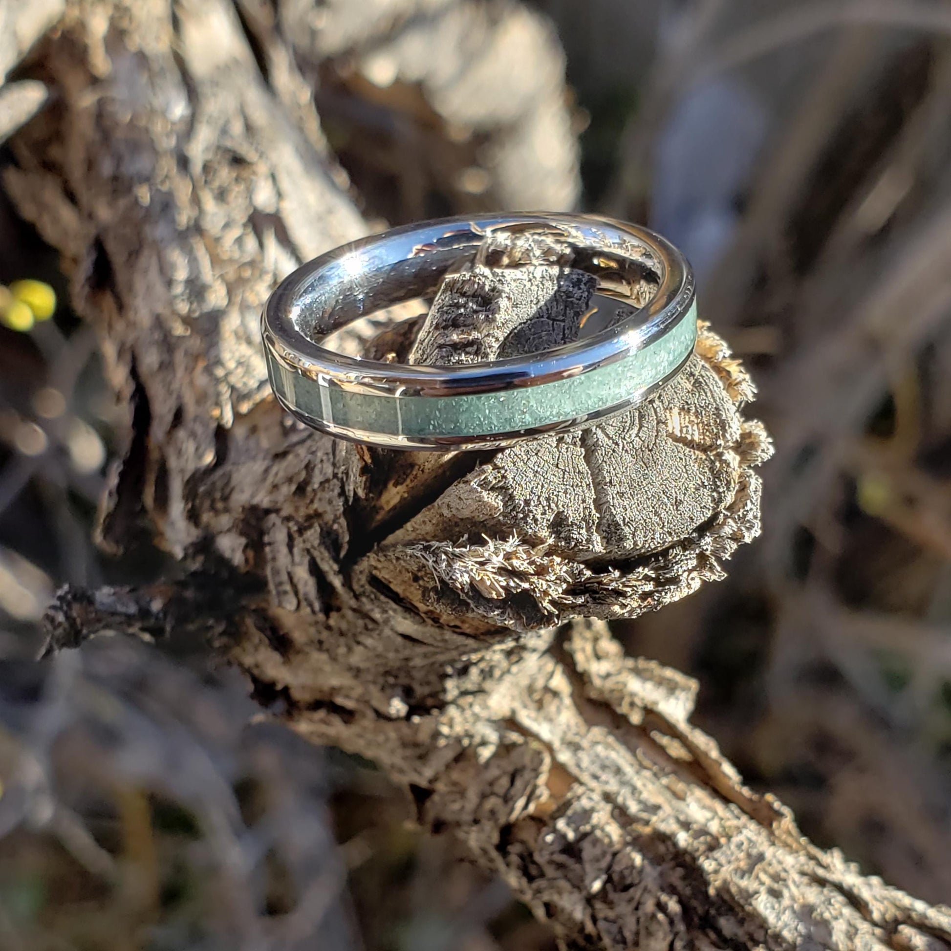 Open Sea Ring - Aquamarine Stacking Crystal Inlay, Tungsten Titanium Ceramic, Men Women, Wedding, His Hers Promise, Engagement Ring 4mm