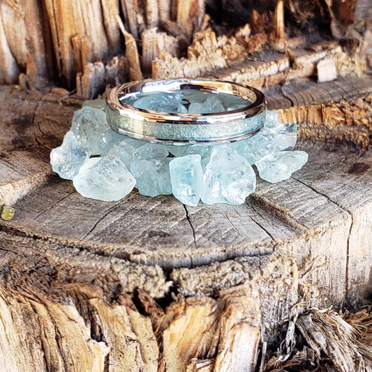 Open Sea Ring - Aquamarine Stacking Crystal Inlay, Tungsten Titanium Ceramic, Men Women, Wedding, His Hers Promise, Engagement Ring 4mm