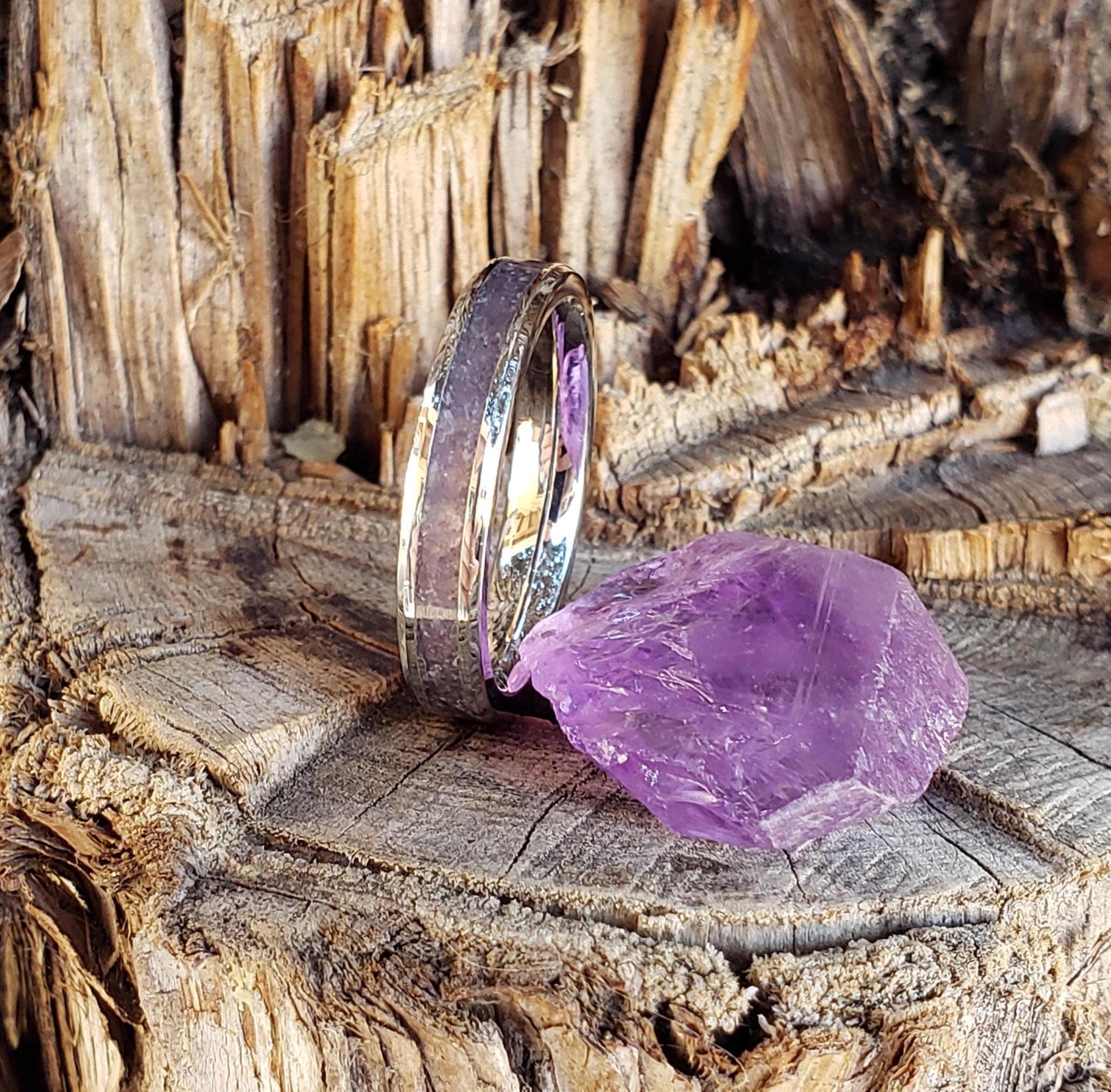 Serenity Ring - Amethyst Stacking Crystal Inlay, Tungsten Titanium Ceramic, Men Women, Wedding, His Hers Promise, Engagement Ring 4mm