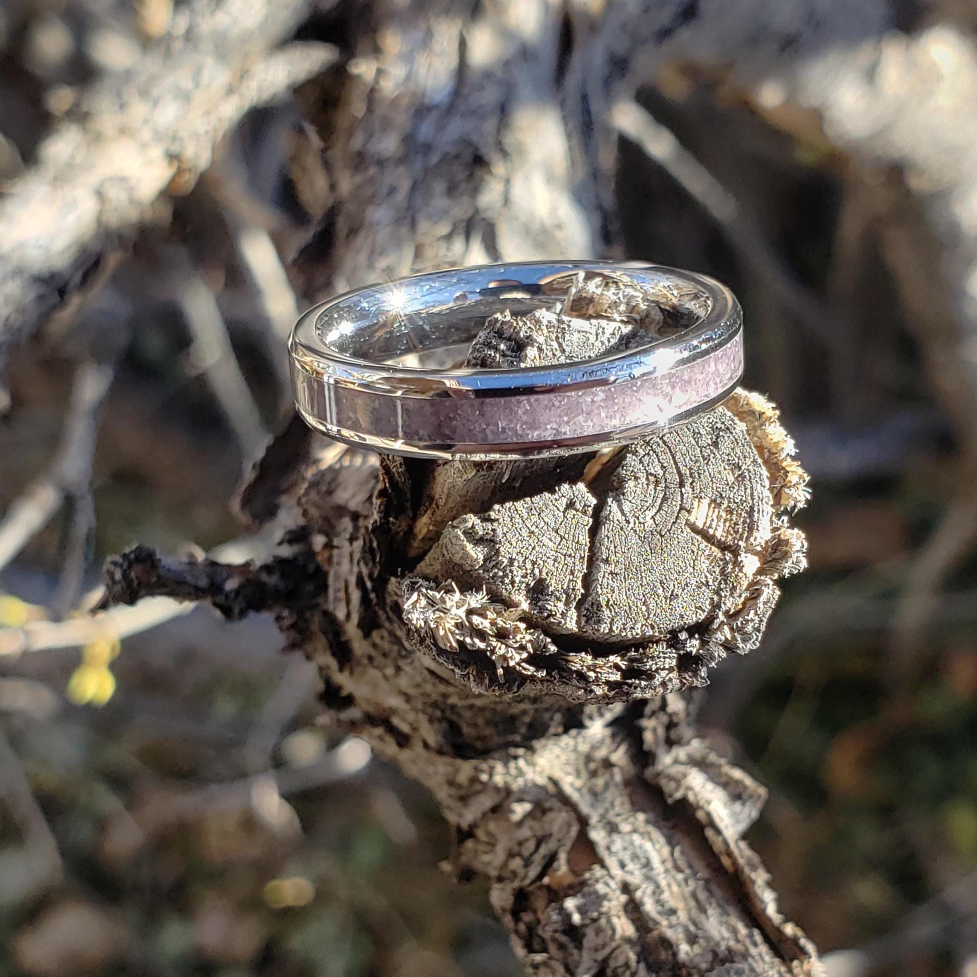 Serenity Ring - Amethyst Stacking Crystal Inlay, Tungsten Titanium Ceramic, Men Women, Wedding, His Hers Promise, Engagement Ring 4mm