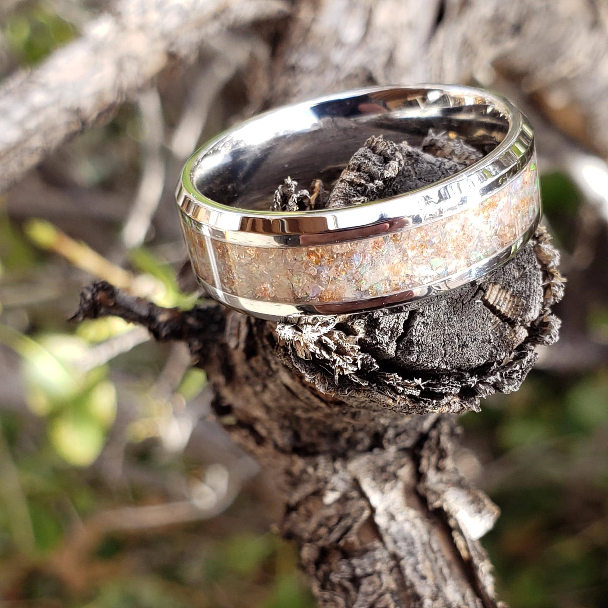 Helios Ring - Sunstone & Opal Crystal Inlay, Tungsten Titanium Ceramic, Men Women, Wedding Ring, His Hers Promise, Engagement Ring 8mm 6mm