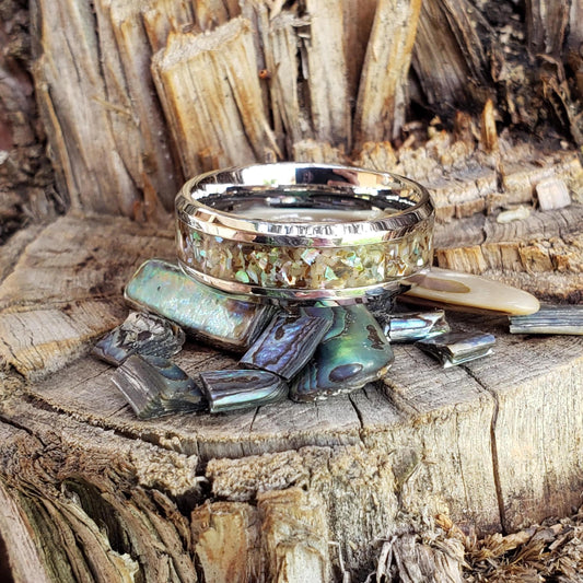 Mermaid Ring - Abalone Shell Inlay, Tungsten Titanium Ceramic, Men Women, Wedding Ring, His Hers Promise, Engagement Ring 8mm 6mm