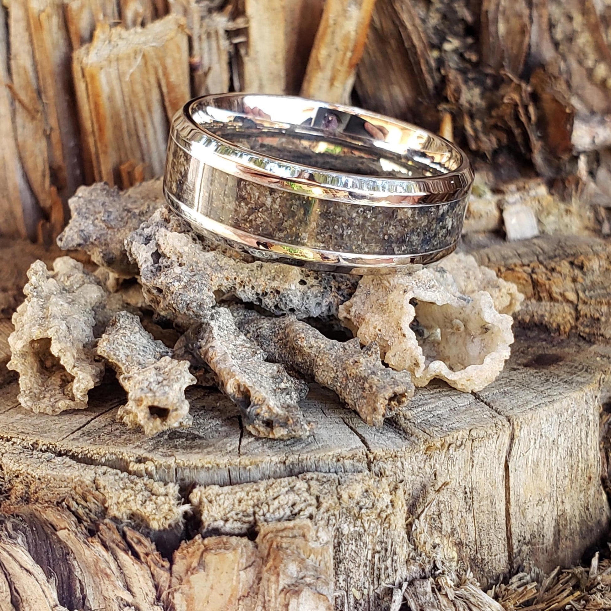 Lightning Ring - Fulgurite Crystal Inlay, Tungsten Titanium Ceramic, Men Women, Wedding Ring, His Hers Promise, Engagement Ring 8mm 6mm