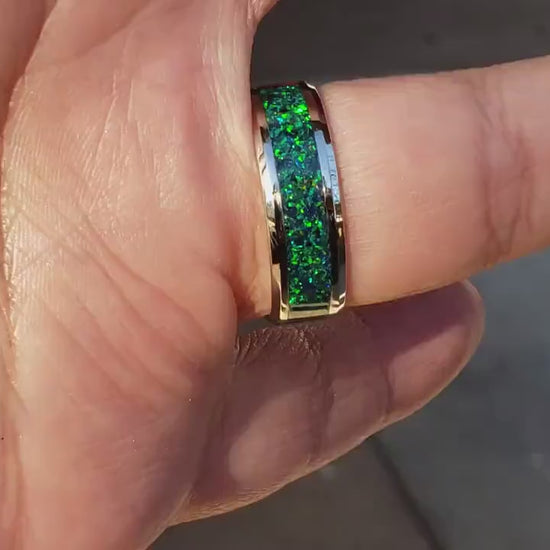Magic Forest Ring -  Green Opal Crystal Inlay, Tungsten Titanium Ceramic, Men Women, Wedding Ring, His Hers Promise, Engagement Ring 8mm 6mm