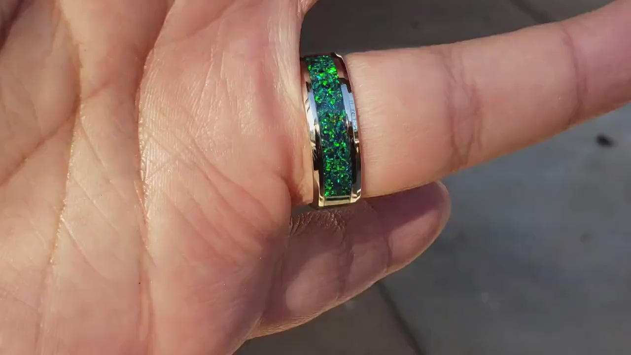 Magic Forest Ring -  Green Opal Crystal Inlay, Tungsten Titanium Ceramic, Men Women, Wedding Ring, His Hers Promise, Engagement Ring 8mm 6mm