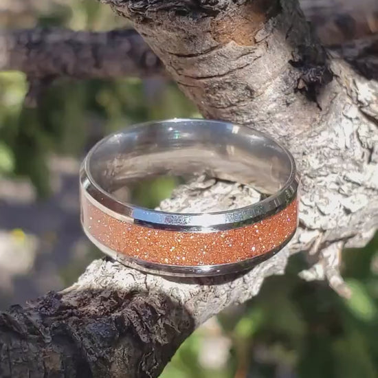Golden Sands Ring - Goldstone Crystal Inlay, Tungsten Titanium Ceramic, Men Women, Wedding Ring, His Hers Promise, Engagement Ring 8mm 6mm