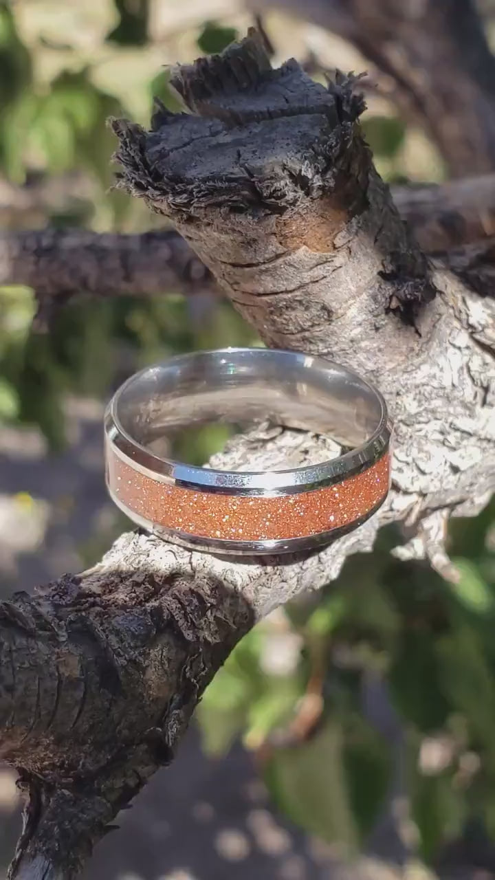 Golden Sands Ring - Goldstone Crystal Inlay, Tungsten Titanium Ceramic, Men Women, Wedding Ring, His Hers Promise, Engagement Ring 8mm 6mm