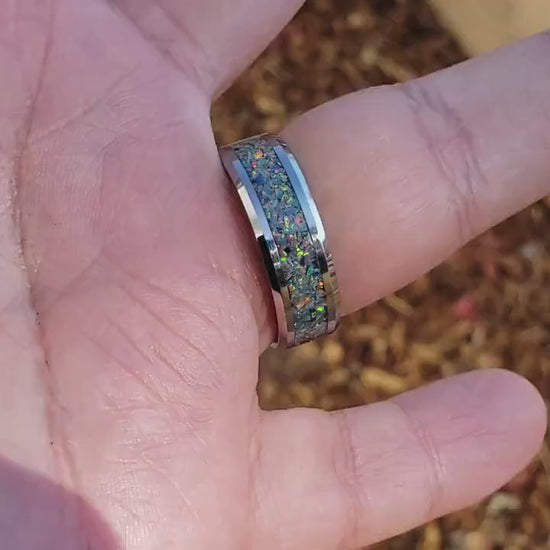 Prism Ring - Gray Opal Crystal Inlay, Tungsten Titanium Ceramic, Men Women, Wedding Ring, His Hers Promise, Engagement Ring 8mm 6mm