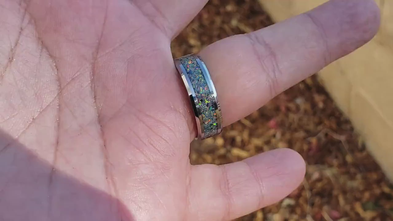 Prism Ring - Gray Opal Crystal Inlay, Tungsten Titanium Ceramic, Men Women, Wedding Ring, His Hers Promise, Engagement Ring 8mm 6mm
