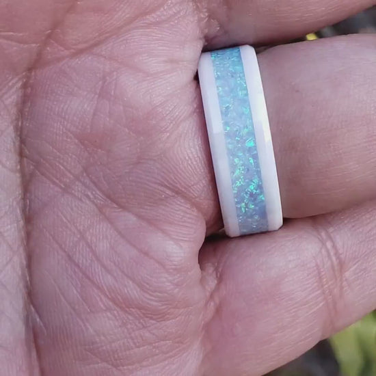 Cerulean Ring - Sky Blue Opal Crystal Inlay, Tungsten Titanium Ceramic, Men Women, Wedding Ring, His Hers Promise, Engagement Ring 8mm 6mm