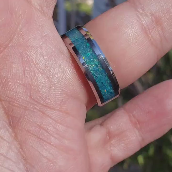 Blue Star Ring - Blue Opal Crystal Inlay, Tungsten Titanium Ceramic, Men Women, Wedding Ring, His Hers Promise, Engagement Ring 8mm 6mm