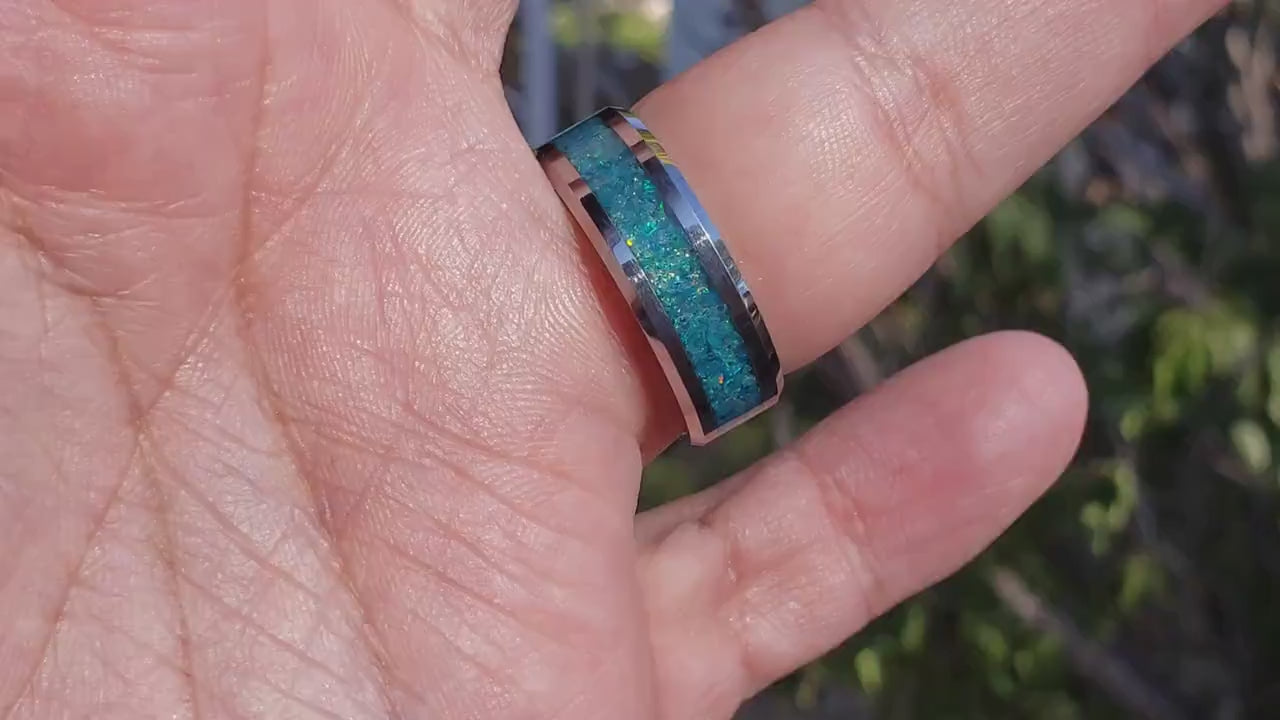 Blue Star Ring - Blue Opal Crystal Inlay, Tungsten Titanium Ceramic, Men Women, Wedding Ring, His Hers Promise, Engagement Ring 8mm 6mm